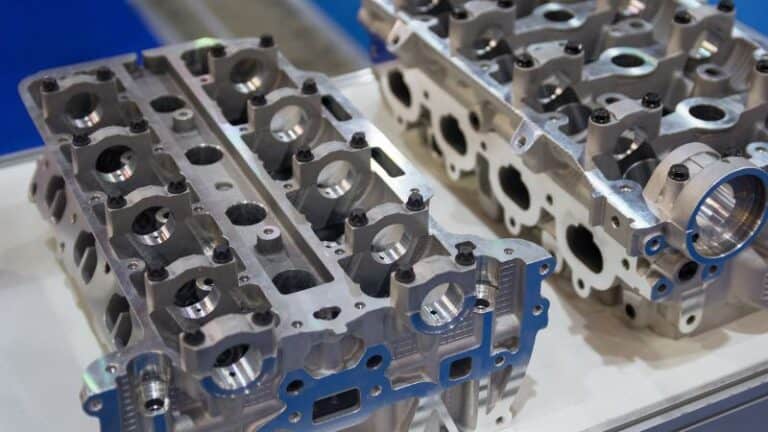 Two metal engine cylinder heads on a white surface, featuring openings, bolts, and machined surfaces.