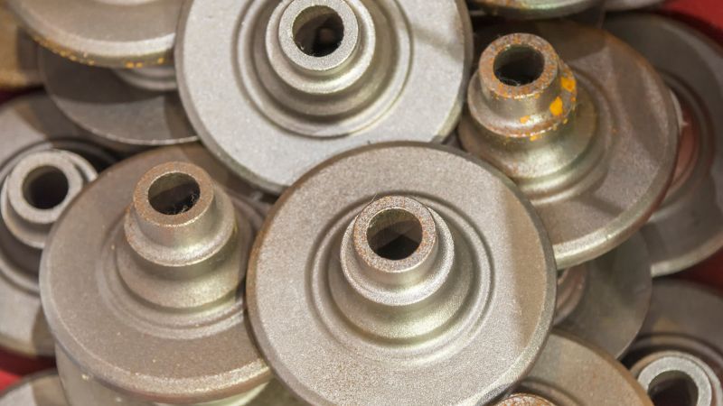 Close-up of stacked metal gears or pulleys, highlighting their round shapes and central holes.
