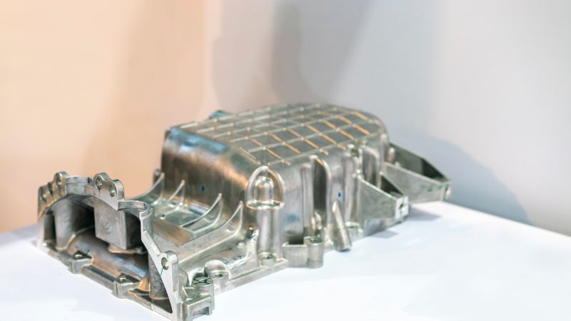 A metallic car part with a grid top sits on a white surface against a neutral background.