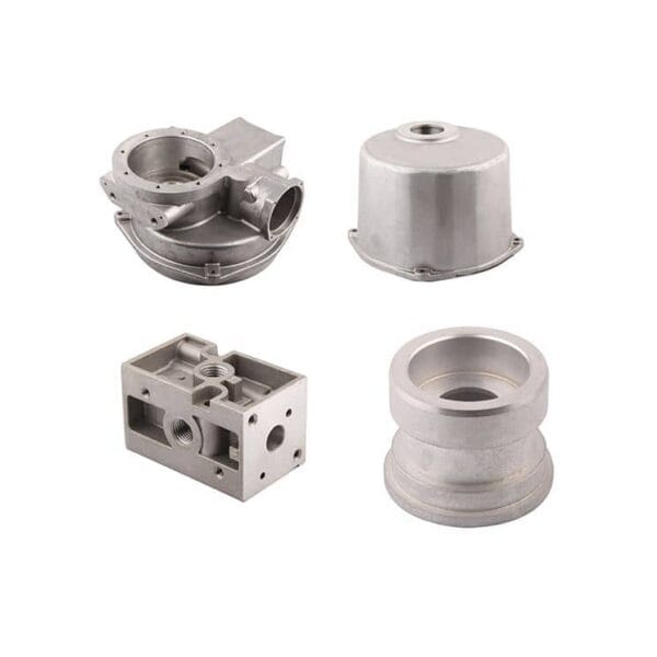 Four metal machined parts of various shapes and openings are shown on a plain white background.