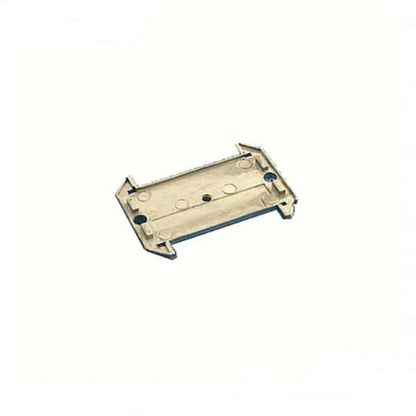 Rectangular metal plate with four holes and angled corners on a plain white background.