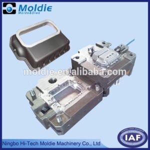 Rectangular plastic injection mold and finished part shown; branding and company info visible around the image.