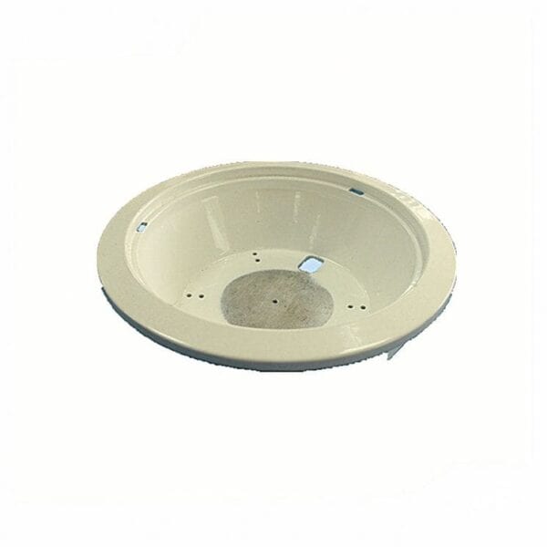 Round off-white sink with drainage holes, smooth surface, top view on white background.