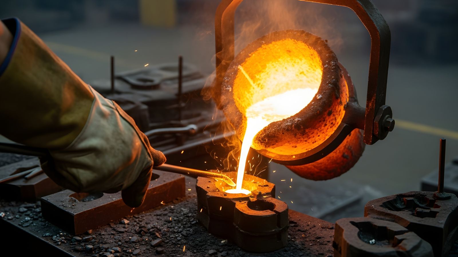 a worker conducting permanent mold casting