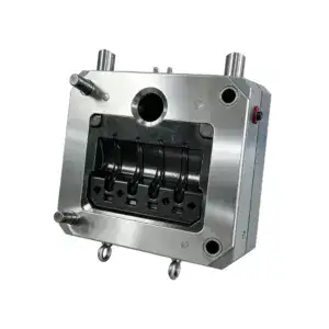 Metal die casting mold for door handles with multiple cavities and mounting points, used in manufacturing door hardware.