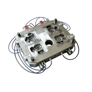Precision aluminum die casting mold used in automotive manufacturing with multiple cavities and cooling channels.