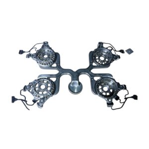 Automotive die casting aluminum cover with four circular sections and wiring connectors, used in vehicle manufacturing.