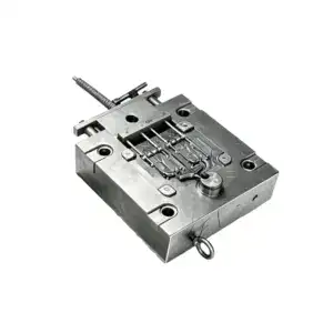 Close-up of a zinc die casting mold used in manufacturing automotive parts, showing detailed metal components and precision engineering.