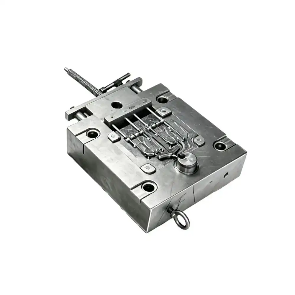 Close-up of a zinc die casting mold used in manufacturing automotive parts, showing detailed metal components and precision engineering.