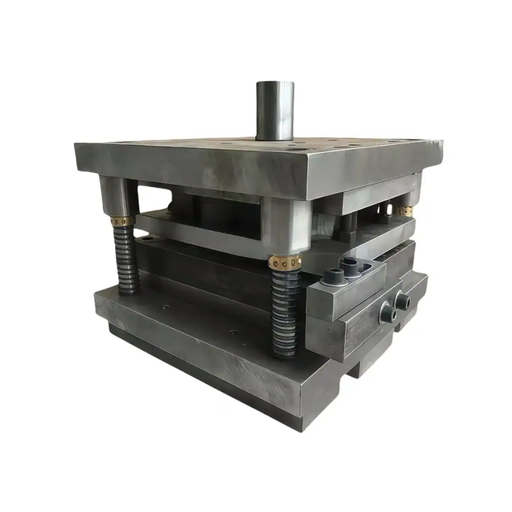 Industrial die casting mold for door handles, made of durable metal with adjustable screws and detailed components for precise manufacturing.