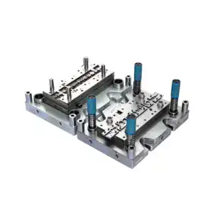 Precision die casting mold used for manufacturing bathroom drain grates, featuring detailed metal components and blue handles for assembly and quality control.