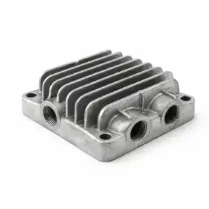Aluminum casting heat sink with fins for cooling electronic components, featuring multiple threaded ports for connections.