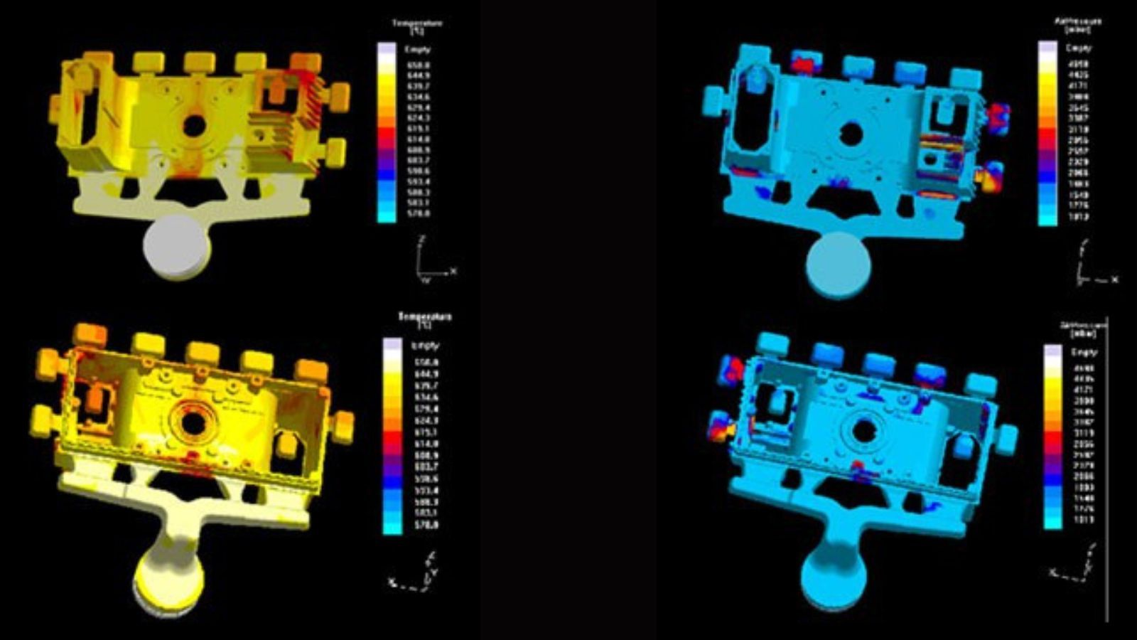 Thermal distribution heat map of a mold die showing temperature variations in yellow, orange, blue, and red, used for optimizing casting processes.