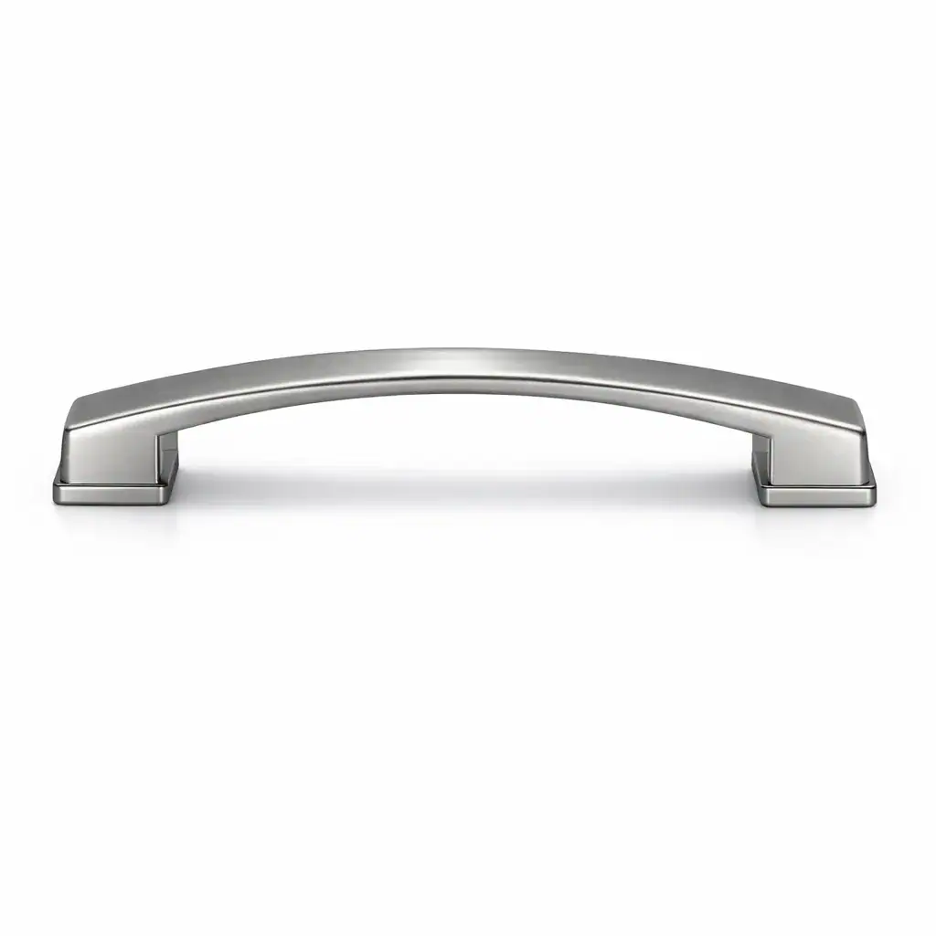 Modern stainless steel drawer handle with a sleek, curved design suitable for kitchen or furniture drawers.