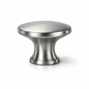 Close-up of a sleek, modern stainless steel cabinet knob with a smooth, brushed finish, ideal for contemporary furniture and cabinetry.