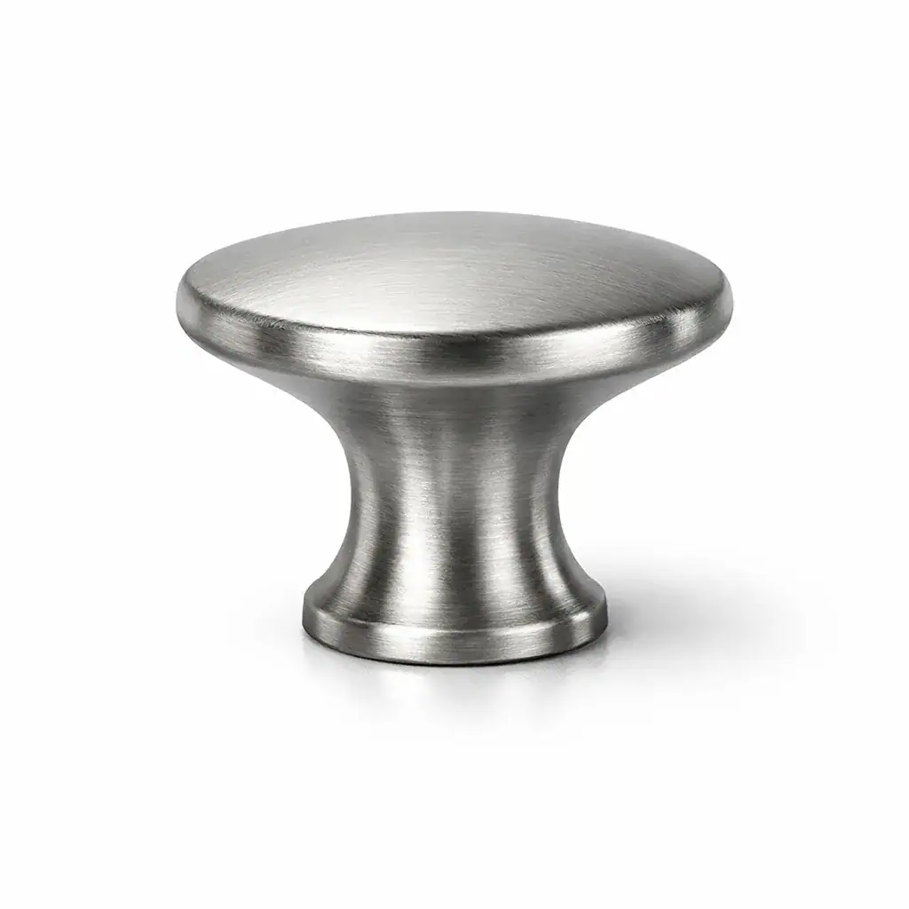 Close-up of a sleek, modern stainless steel cabinet knob with a smooth, brushed finish, ideal for contemporary furniture and cabinetry.