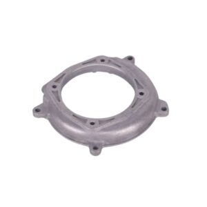 Close-up of a gray aluminum casting component used in industrial machinery, showcasing detailed design and precision engineering.