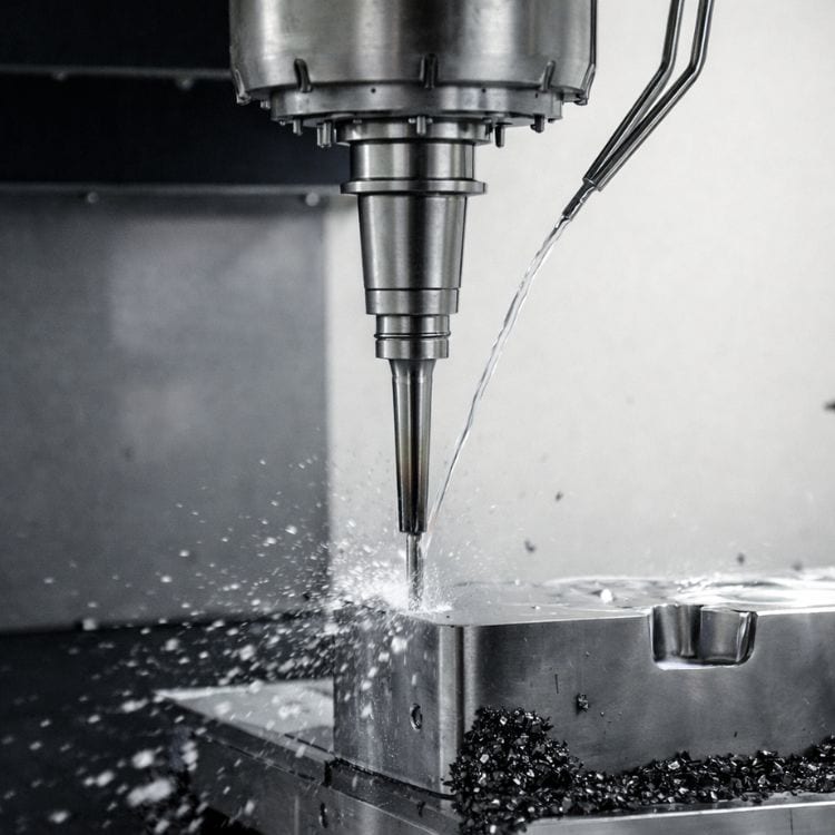 Close-up of CNC machine drilling into metal workpiece with coolant spray for precision manufacturing.