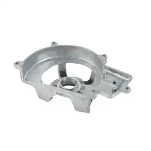 Close-up of a precision aluminum casting used in engine manufacturing, showcasing detailed mold design and metallic finish.