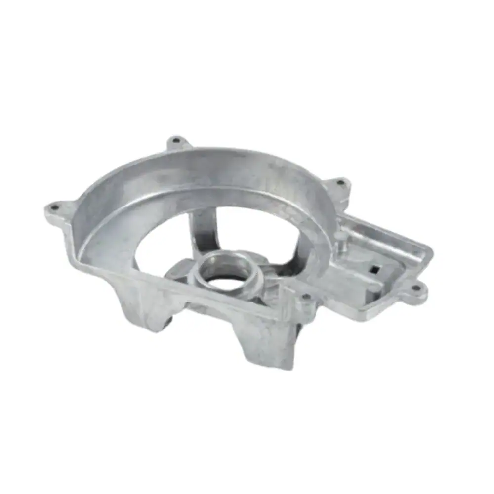 Close-up of a precision aluminum casting used in engine manufacturing, showcasing detailed mold design and metallic finish.