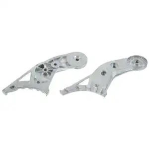 Two precision aluminum casting parts with intricate design and smooth finish, used in manufacturing and engineering applications.