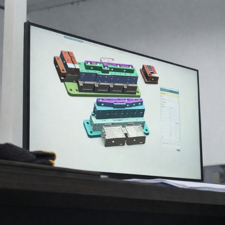 3D mold design displayed on a computer monitor, showcasing colorful mold components for casting processes.