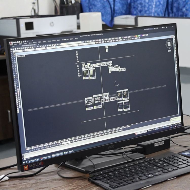 Computer monitor displaying CAD design for mold manufacturing at Moldie, a leading mold casting company.