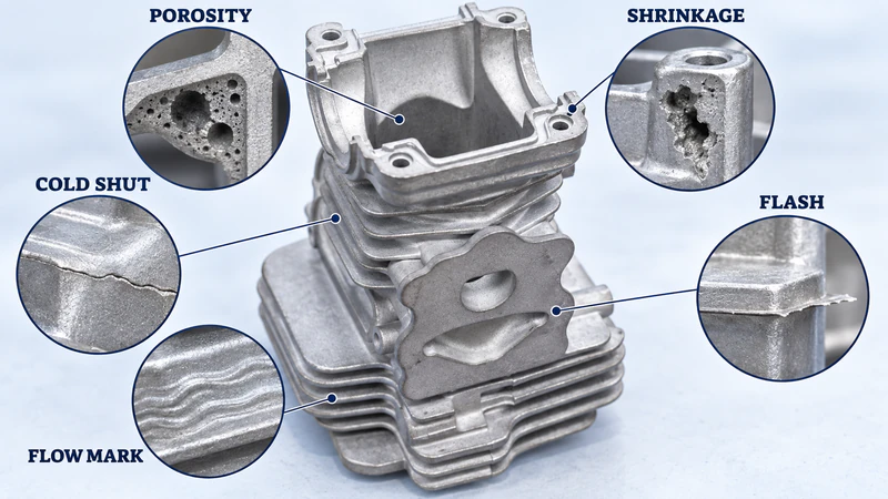 Detailed view of high pressure die casting with porosity, shrinkage, cold shut, flow mark, and flash defects labeled.