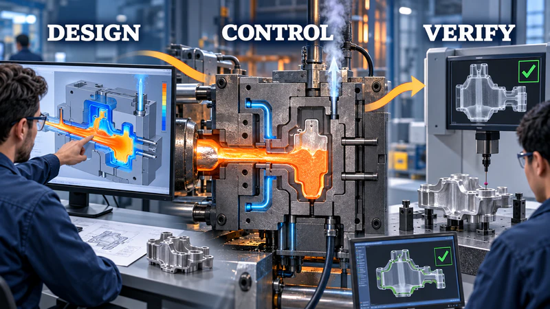Two engineers monitor the die casting process on screens, illustrating design, control, and verification stages for quality assurance in manufacturing.