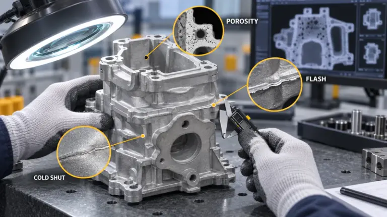 Close-up of a technician inspecting a die casting mold highlighting porosity, flash, and cold shut defects with digital analysis tools.