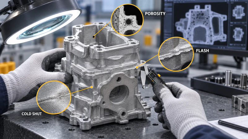 Close-up of a technician inspecting a die casting mold highlighting porosity, flash, and cold shut defects with digital analysis tools.