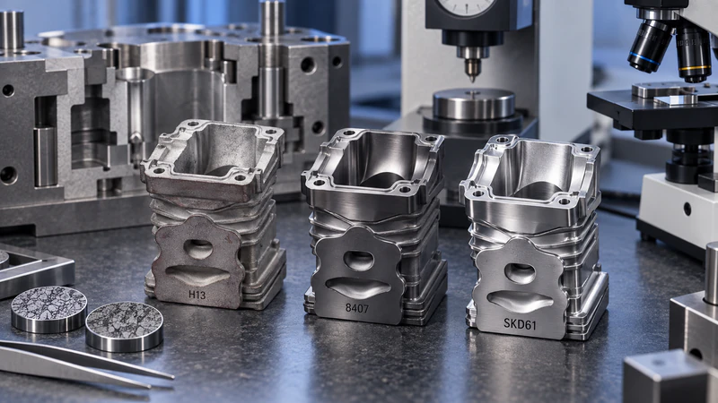 Close-up of three high-precision aluminum die casting molds with different cavity designs, used in manufacturing processes.