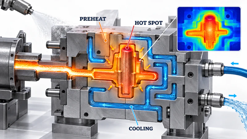 Cross-section of a die casting mold showing preheat, hot spot, cooling channels, and thermal flow with thermal imaging inset.