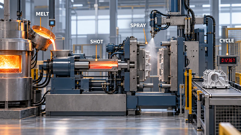 Industrial die casting machine in operation, showcasing melting, shot, spray, and cycle phases for mold manufacturing.
