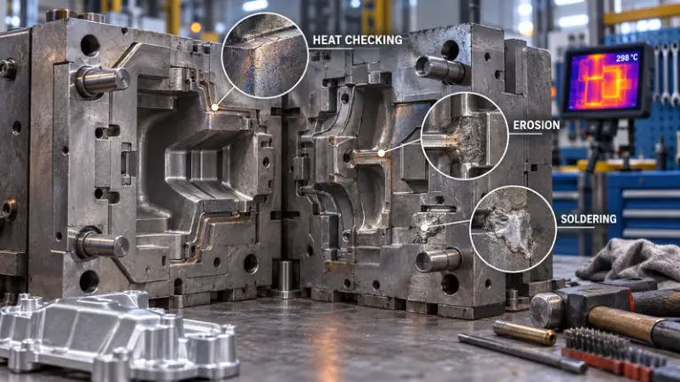 Close-up of a die casting mold showing heat checking, erosion, and soldering damage with a thermal imaging display in the background.