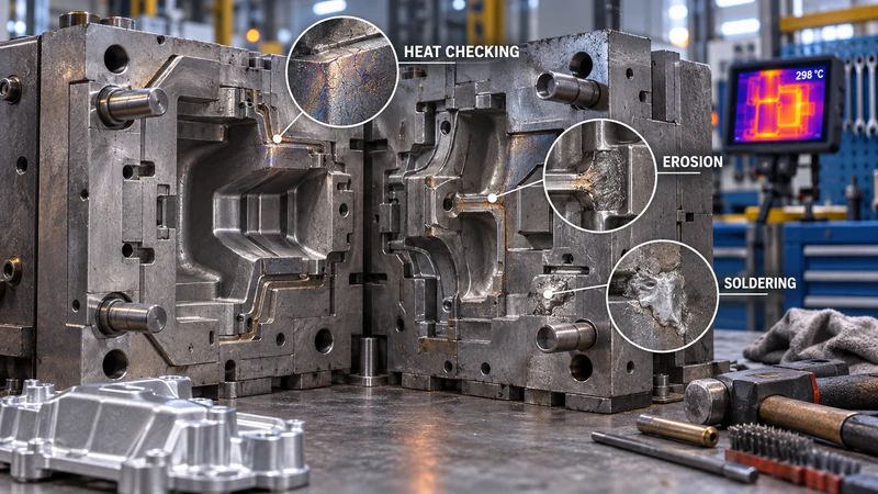 Close-up of a die casting mold showing heat checking, erosion, and soldering damage with a thermal imaging display in the background.