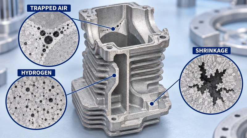 Close-up of a die casting with annotations highlighting trapped air, hydrogen, and shrinkage porosity.
