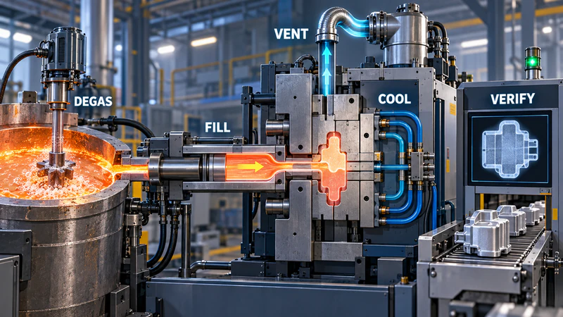Industrial die casting machine showing venting, cooling, filling, and verification stages in a manufacturing plant.