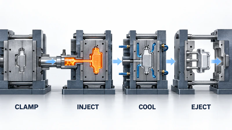 Diagram illustrating the four main stages of high pressure die casting: clamp, inject, cool, eject, showing the metal flow and mold operation.