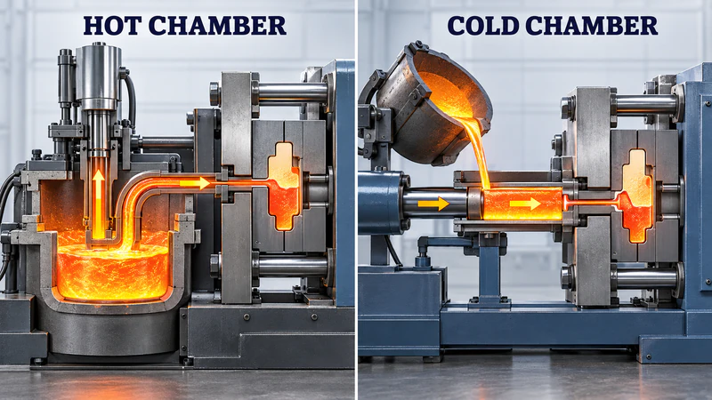Diagram showing hot chamber and cold chamber die casting processes with molten metal flow paths and molds.