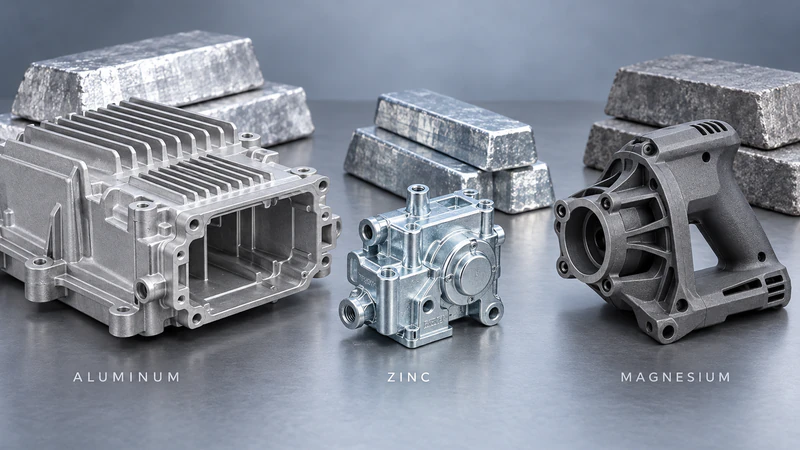 Various metal die casting components made from aluminum, zinc, and magnesium, displayed with metal ingots in the background.
