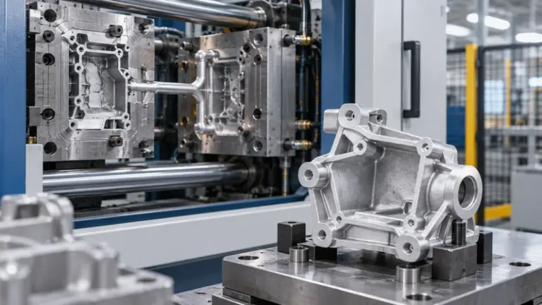 Close-up of aluminum, zinc, and magnesium die castings with metal ingots in the background, showcasing different materials used in high pressure die casting.